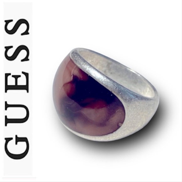 GUESS VTG 90s Marbled Brown faux stone Sterling Silver Ring Size 6 - Picture 1 of 9